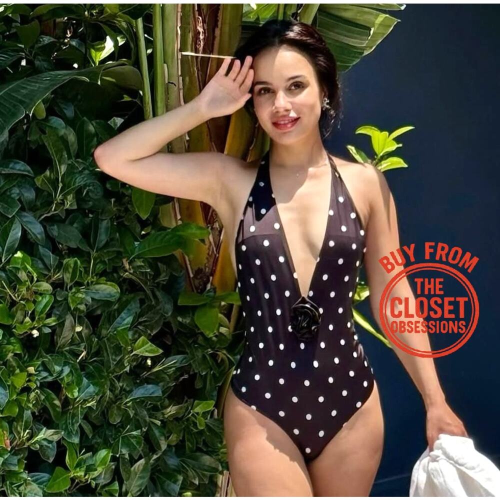Zara NWT Black Polka Dot Halter Plunge One Piece Swimsuit L - Picture 6 of 12